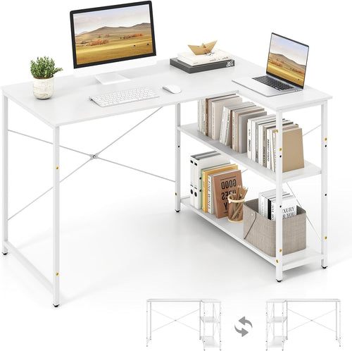 Modern White L-Shaped Corner Desk w/Adjustable Shelves & Metal Frame