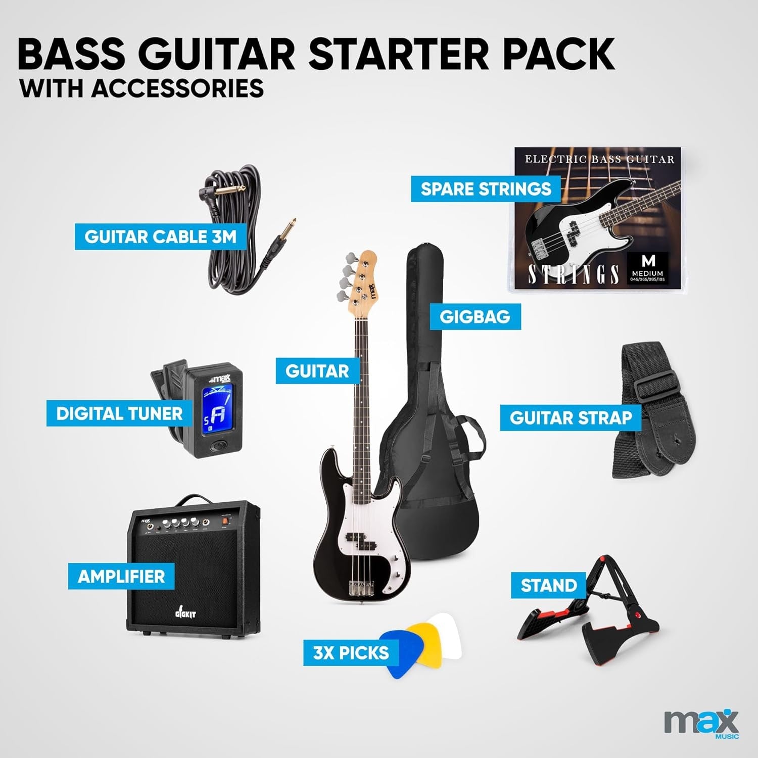 Full Size Electric Bass Guitar Starter Kit 40W Amp Bag Black