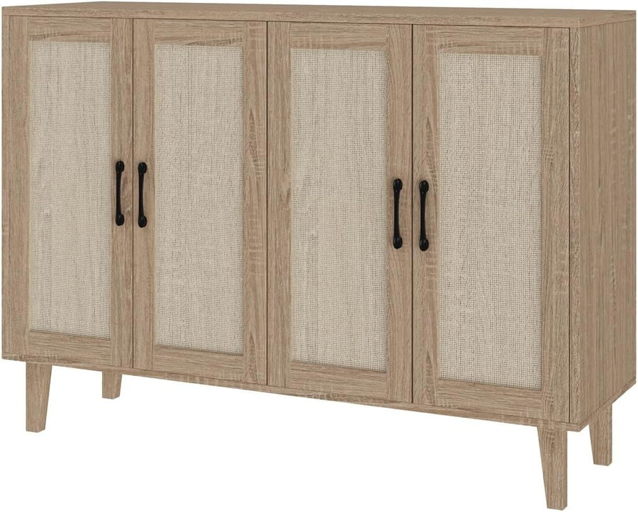 Natural Wood Buffet Storage Cabinet with Rattan Doors Adjustable Shelves