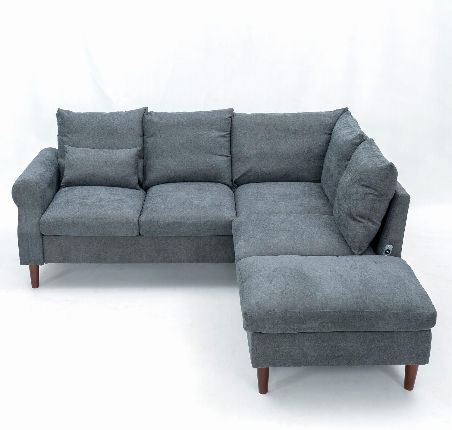 5 Seater Corner Sofa w/ Chaise & USB Port – Grey Linen, 200x195cm, Modern
