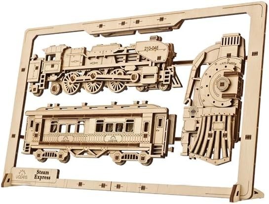Wooden 3D Steam Train Puzzle Kit with Movable Wheels – DIY Decor