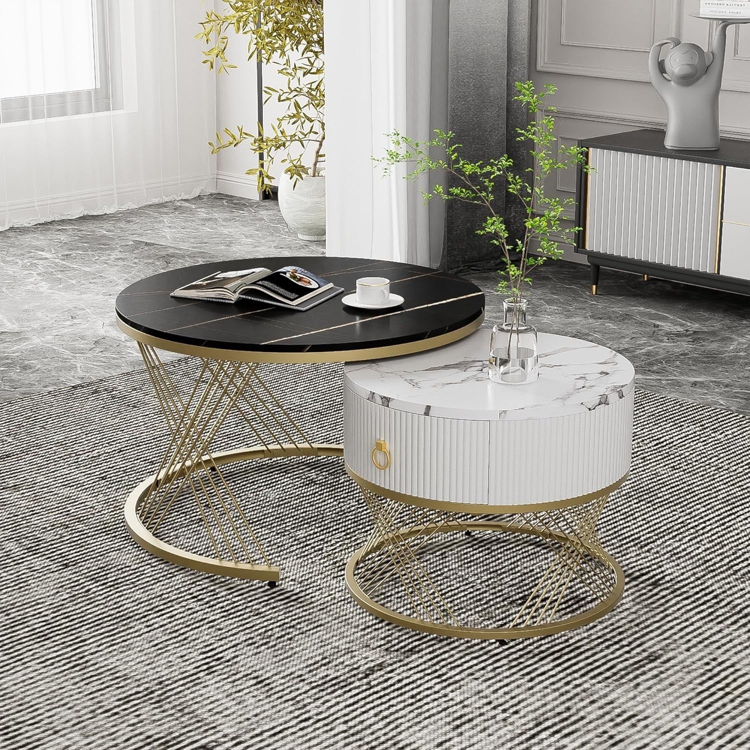 Marble Nesting Coffee Table Set with Drawer – Gold Legs, Modern & Space Saving