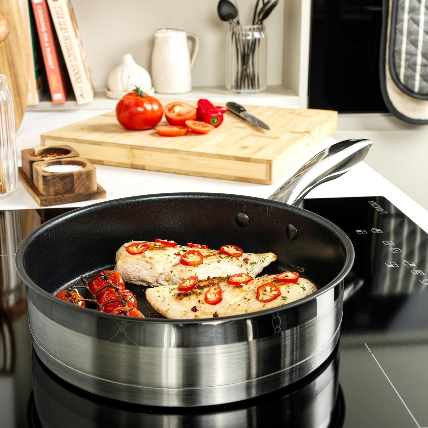 5pcs Stainless Steel Induction Saucepans and Frying Pan Set with Glass Lids
