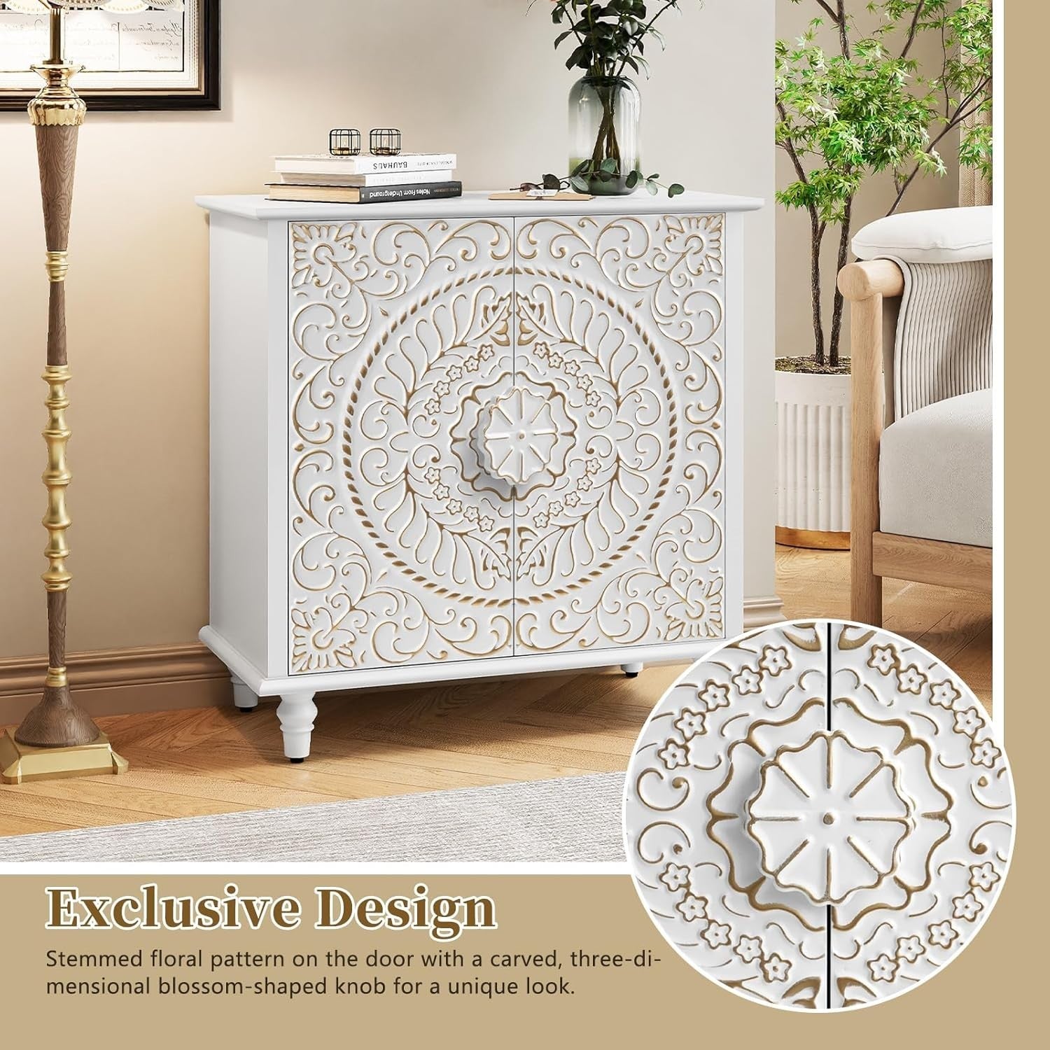 White Carved Wood Sideboard Cabinet 2 Door Vintage Boho Storage Unit