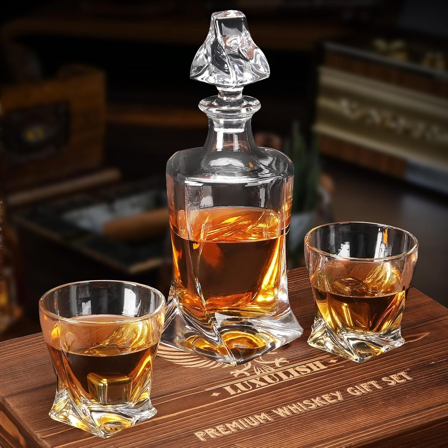 Luxury Whiskey Decanter Gift Set Crystal Glasses Wooden Box Steel Ice Cubes Men