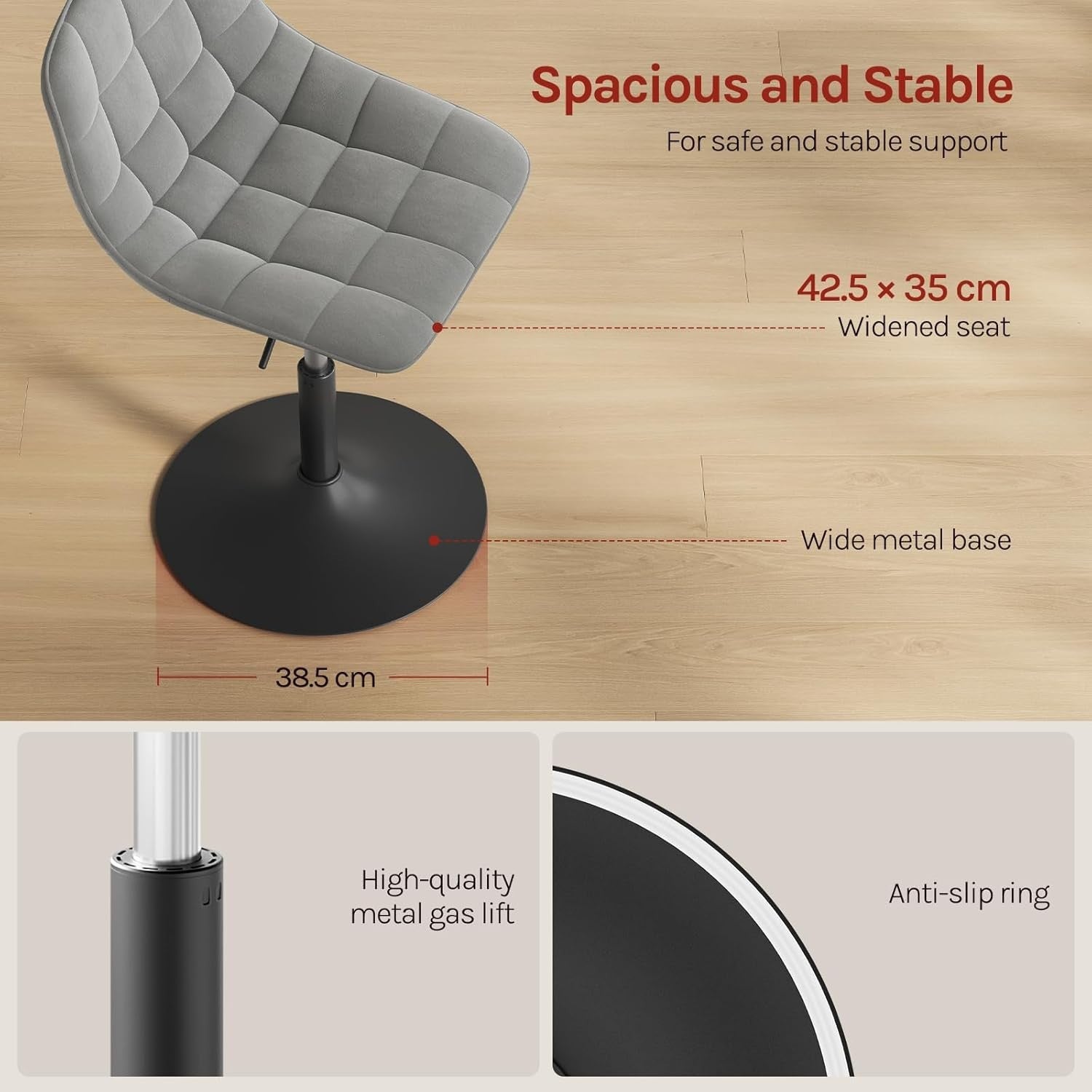 Light Grey Velvet Swivel Vanity Stool Height Adjustable Dressing Chair