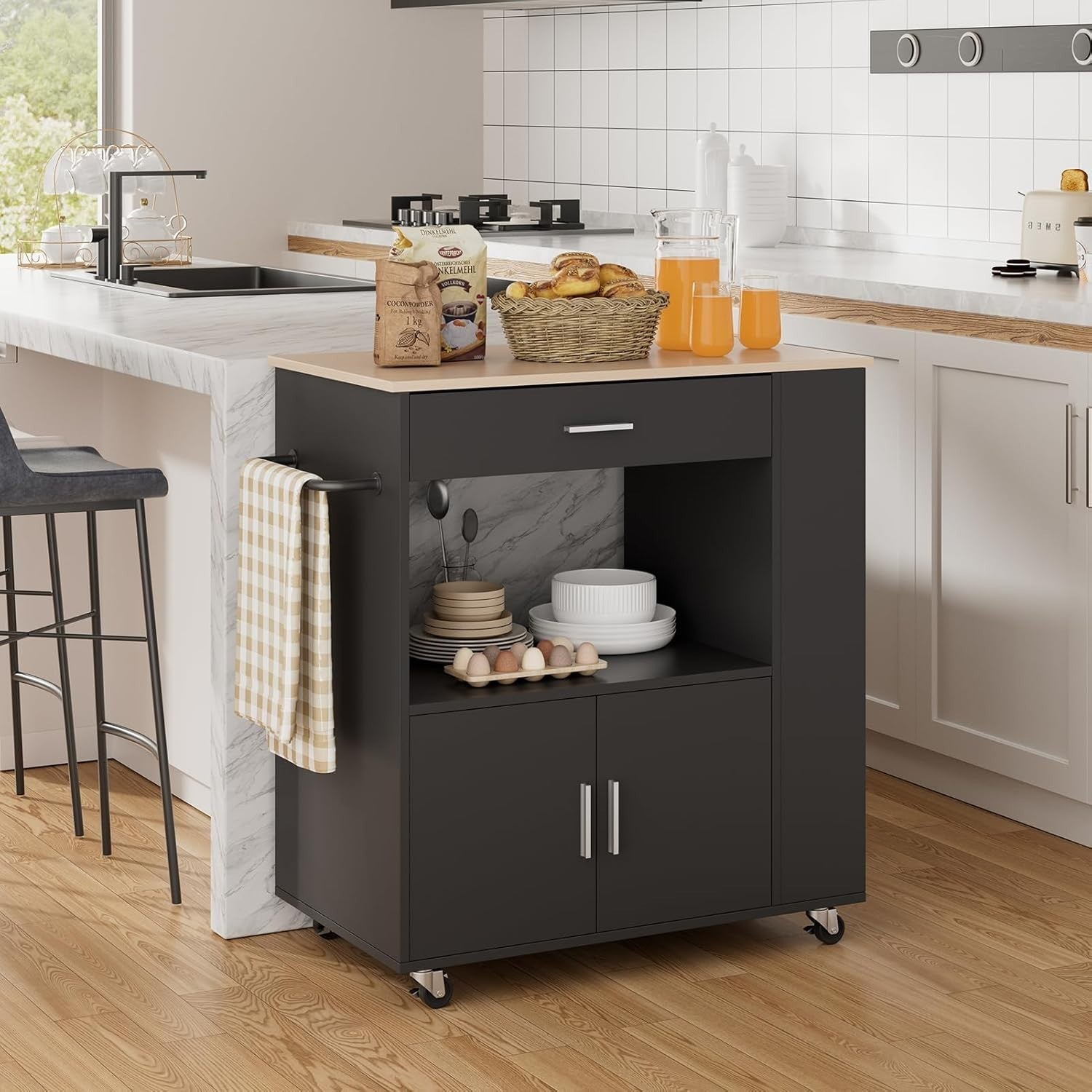Kitchen Island on Wheels w/ Seating Drawer Cabinet