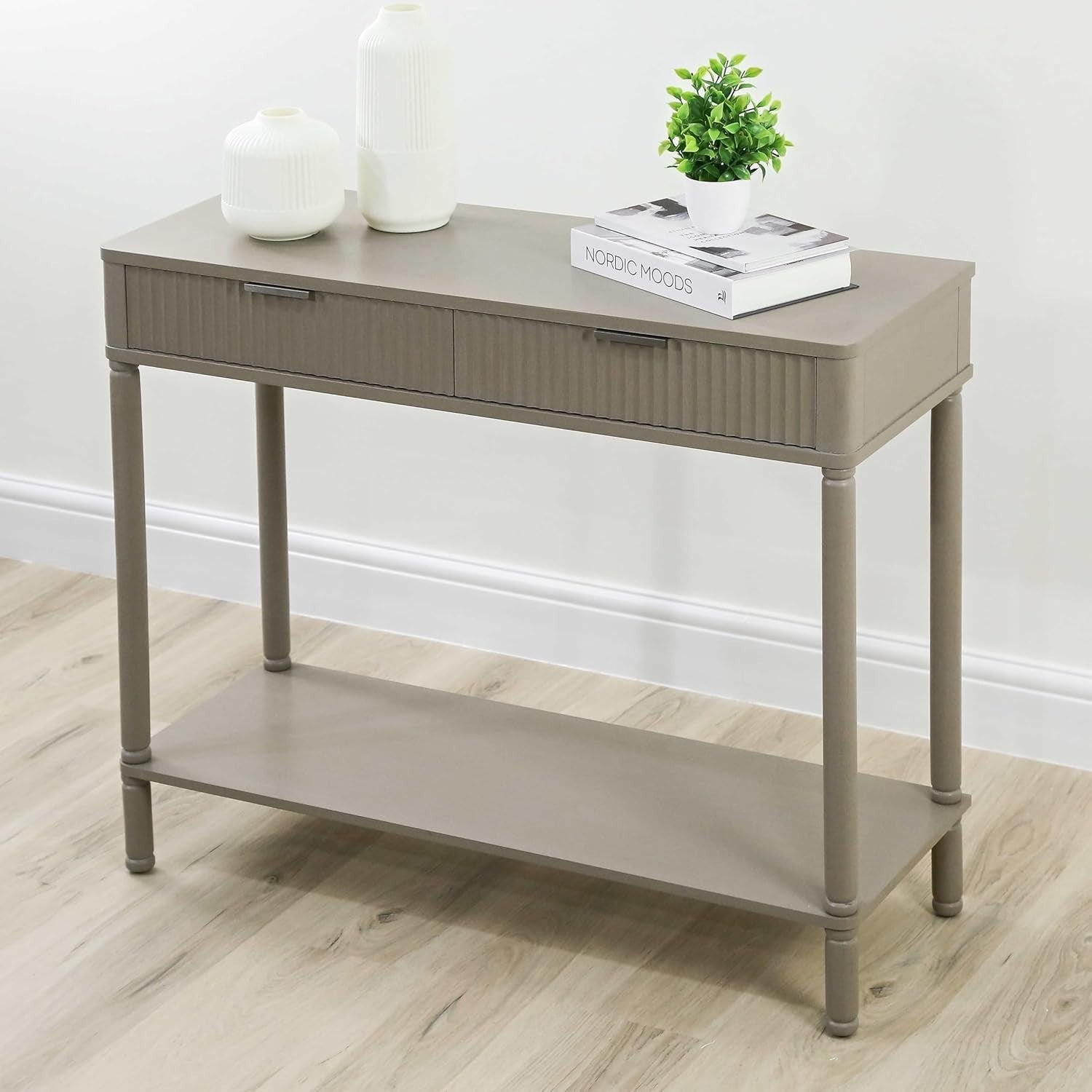 Slim Wooden Console Table with 2 Drawers & Storage Shelf, Taupe 90x75x32cm