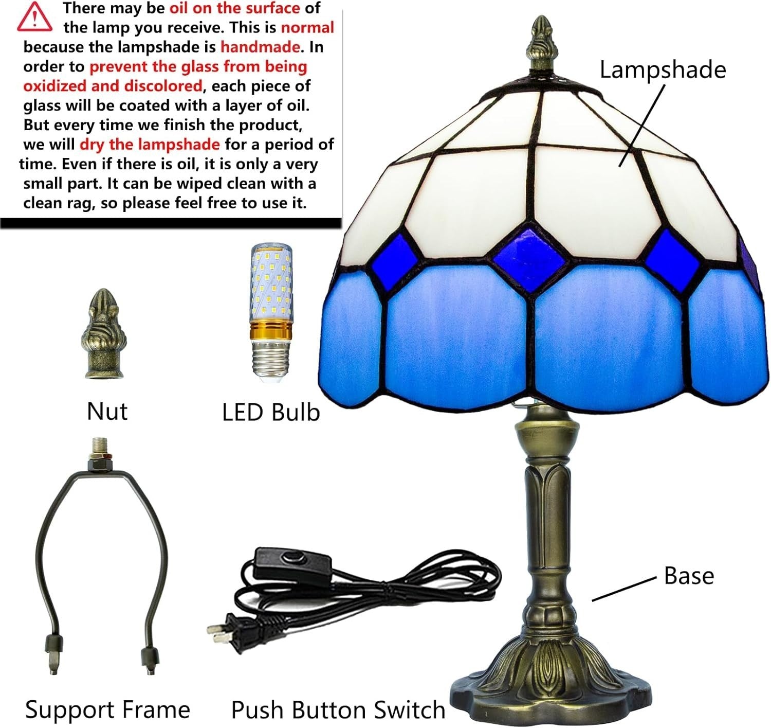 Blue Tiffany Stained Glass Table Lamp, Small Art Deco Bedroom Nightstand Lamp