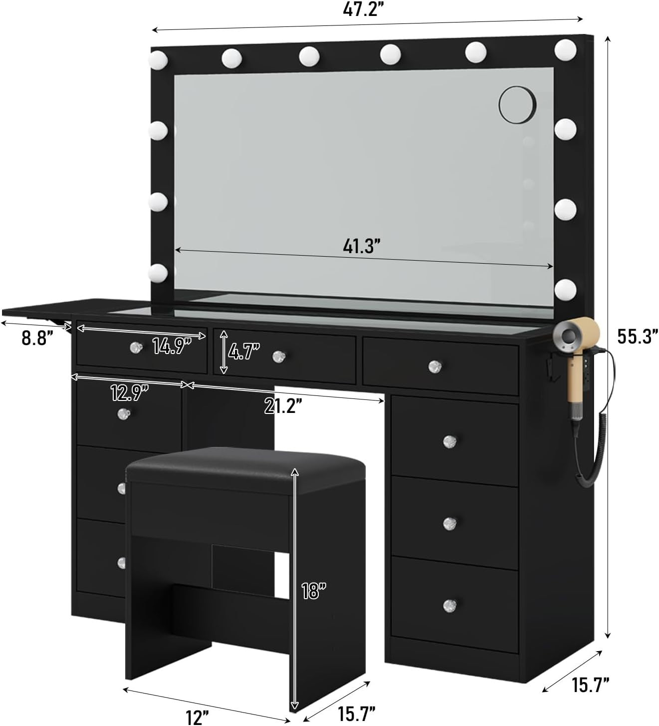 Black Makeup Vanity Desk Set, Hollywood Mirror, 9 Drawers, Lighted Dressing Tabl