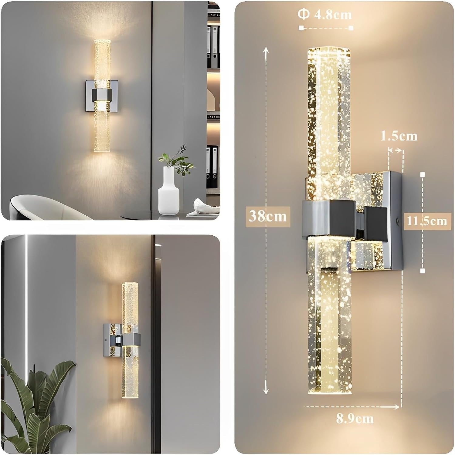 Crystal LED Wall Sconce Silver | Tri-Color Modern Light for Bedroom & Hall