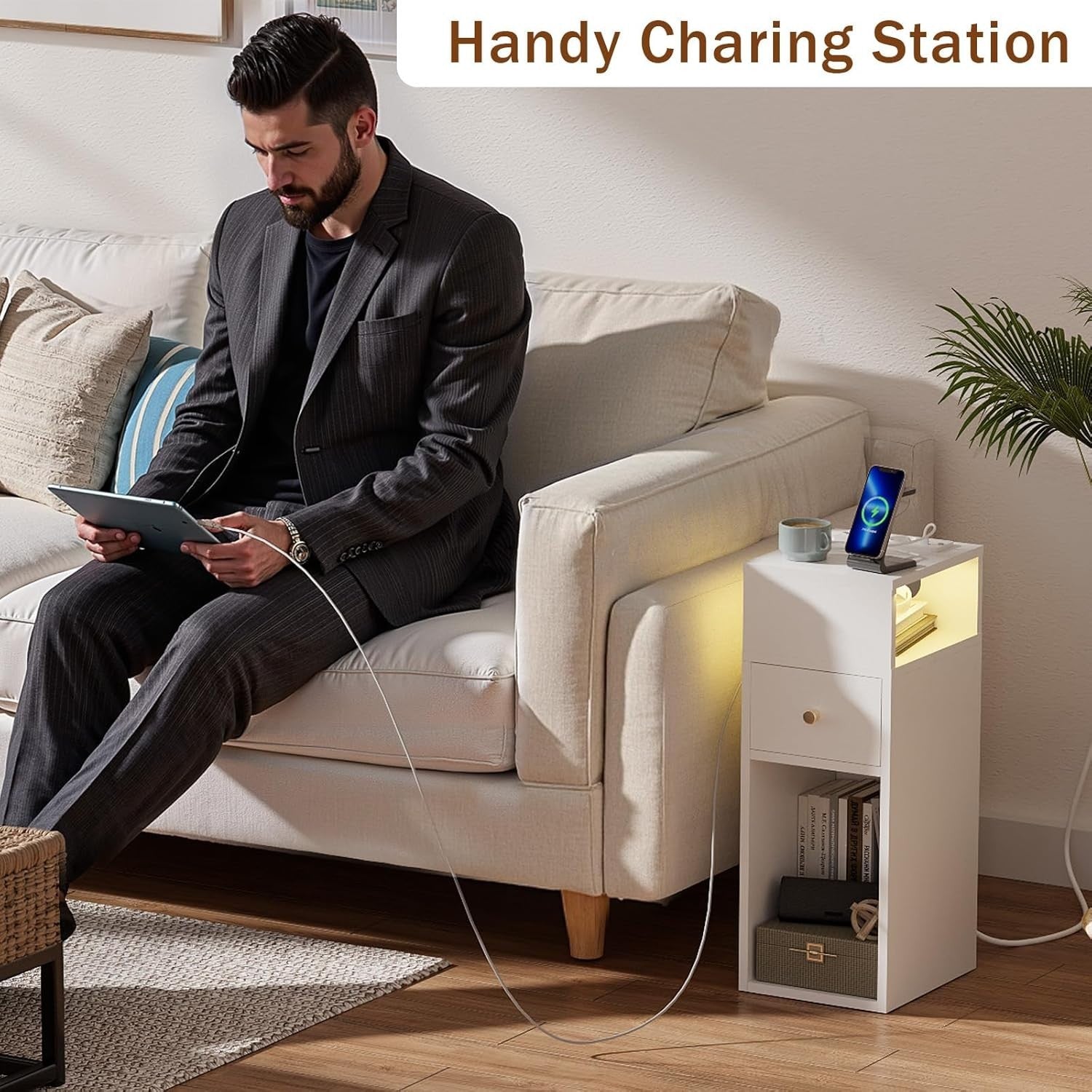 Slim White Bedside Table with RGB Lights & Charging Station | Modern Nightstand