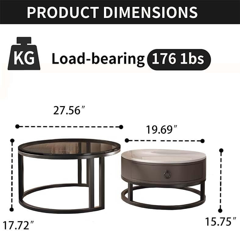 Nesting Coffee Table Set of 2 – Round Tables with Storage & Metal Frame
