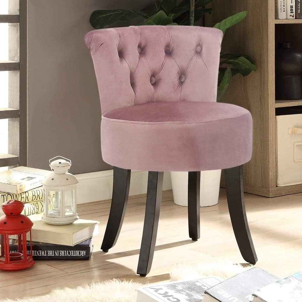 Pink High-Back Vanity Chair – Soft Linen Makeup Stool with Wooden Legs