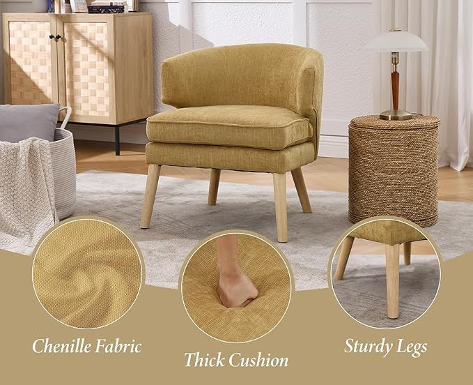 Modern Yellow Tub Chair Chenille Accent Single Sofa Solid Wood Legs