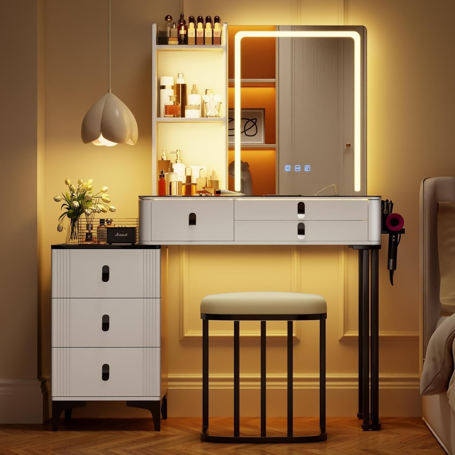 White Vanity Dressing Table LED Mirror Glass Top 5 Drawers Charging Station & St