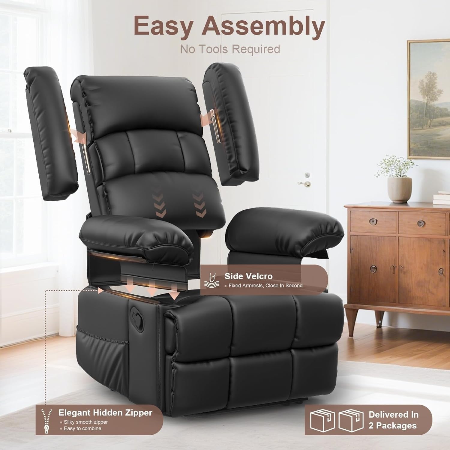 Manual Recliner Chair Massage Heat 135° Recline Footrest Dual Pockets Black