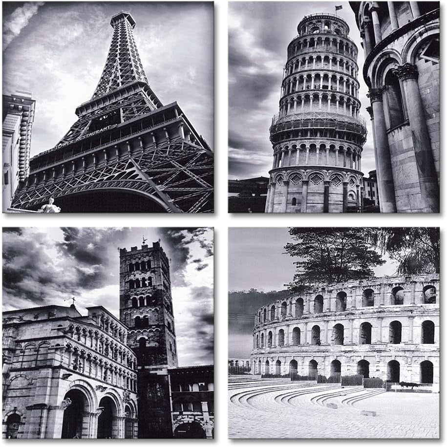 Black White Architecture Canvas Wall Art Set Modern 4 Panel Prints Decor