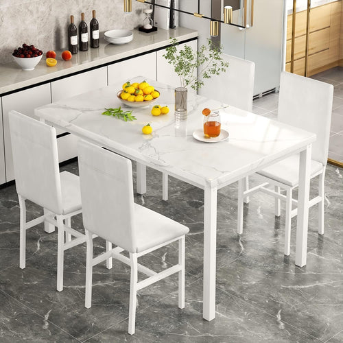 Modern Faux Marble Dining Table Set with 4 PU Leather Chairs - Compact & Stylish