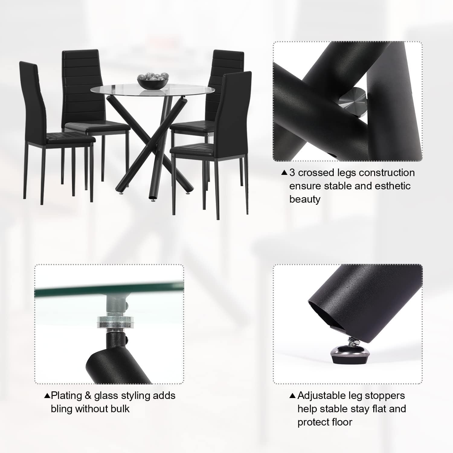 Round Glass Dining Table 90cm Modern Black Metal Base Stable Safe Tabletop