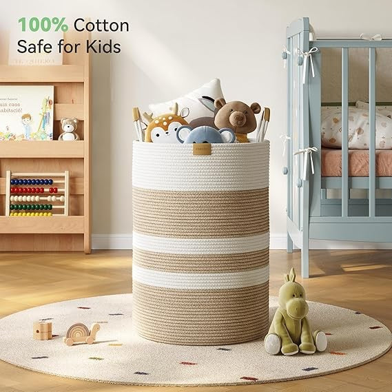 95L Foldable Laundry Basket with Leather Handles, Large Woven Beige Stripes Hamp