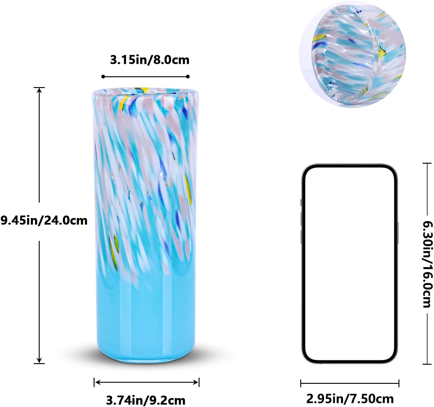 Hand Blown Blue Glass Vase 24cm Tall Modern Flower Centerpiece Decor