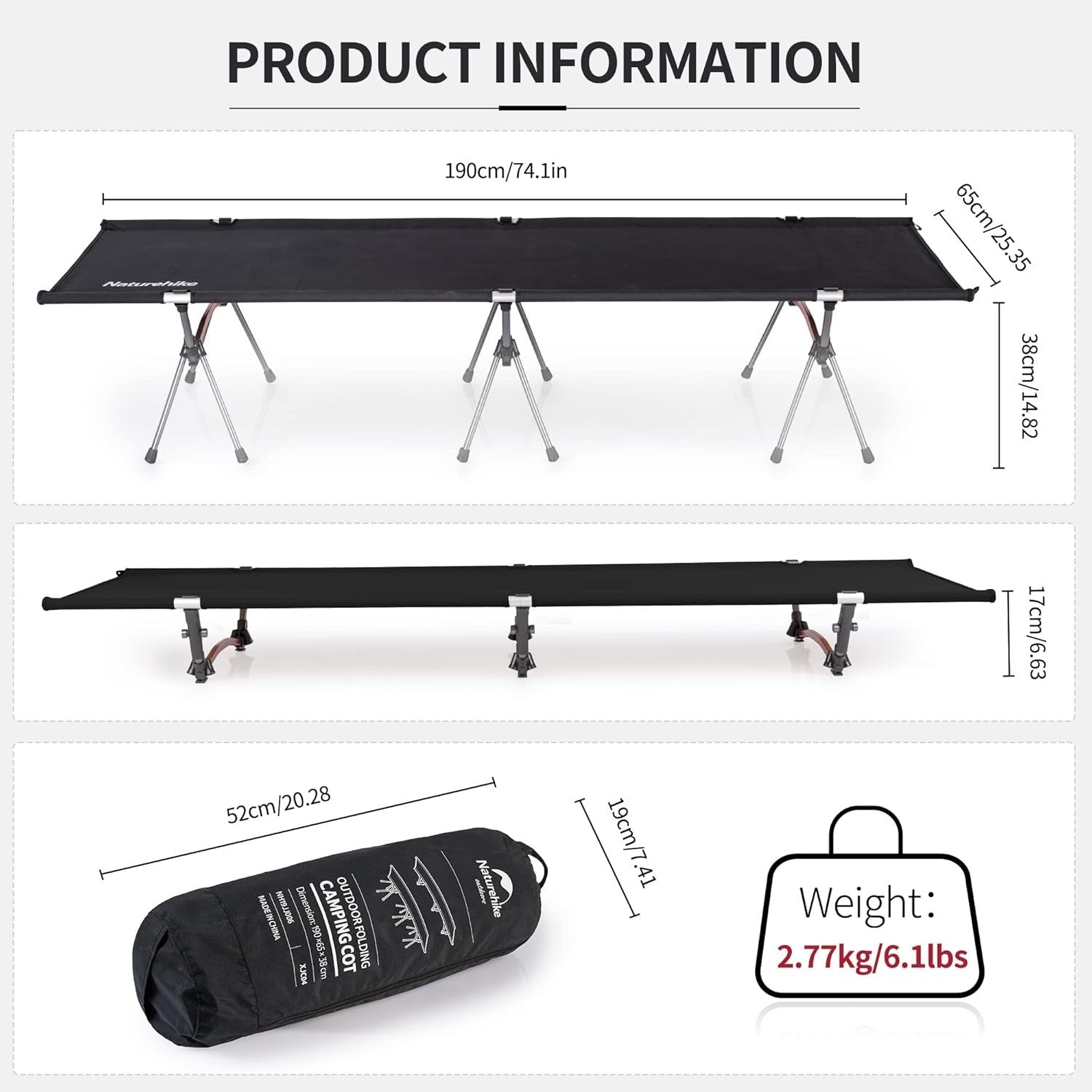 Ultralight Portable Camping Cot Bed - Adjustable Height, Foldable, 150kg Load