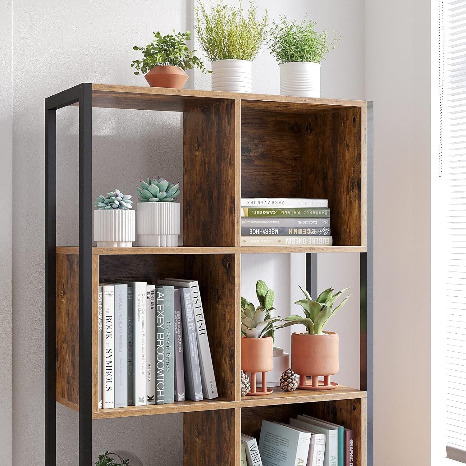 Industrial Cube Bookcase Storage Shelf – Rustic Brown Room Divider & Display Rac