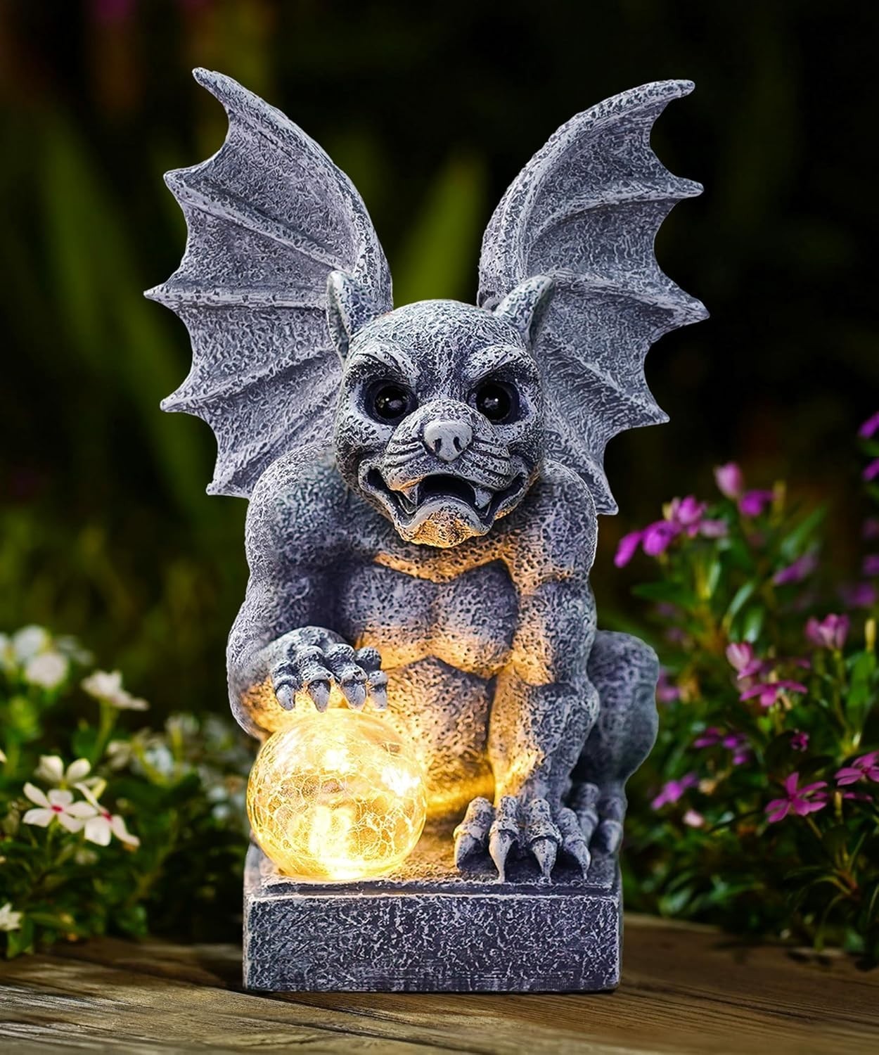 Solar Gargoyle Garden Ornament with LED Ball Light – Waterproof Gothic Statue