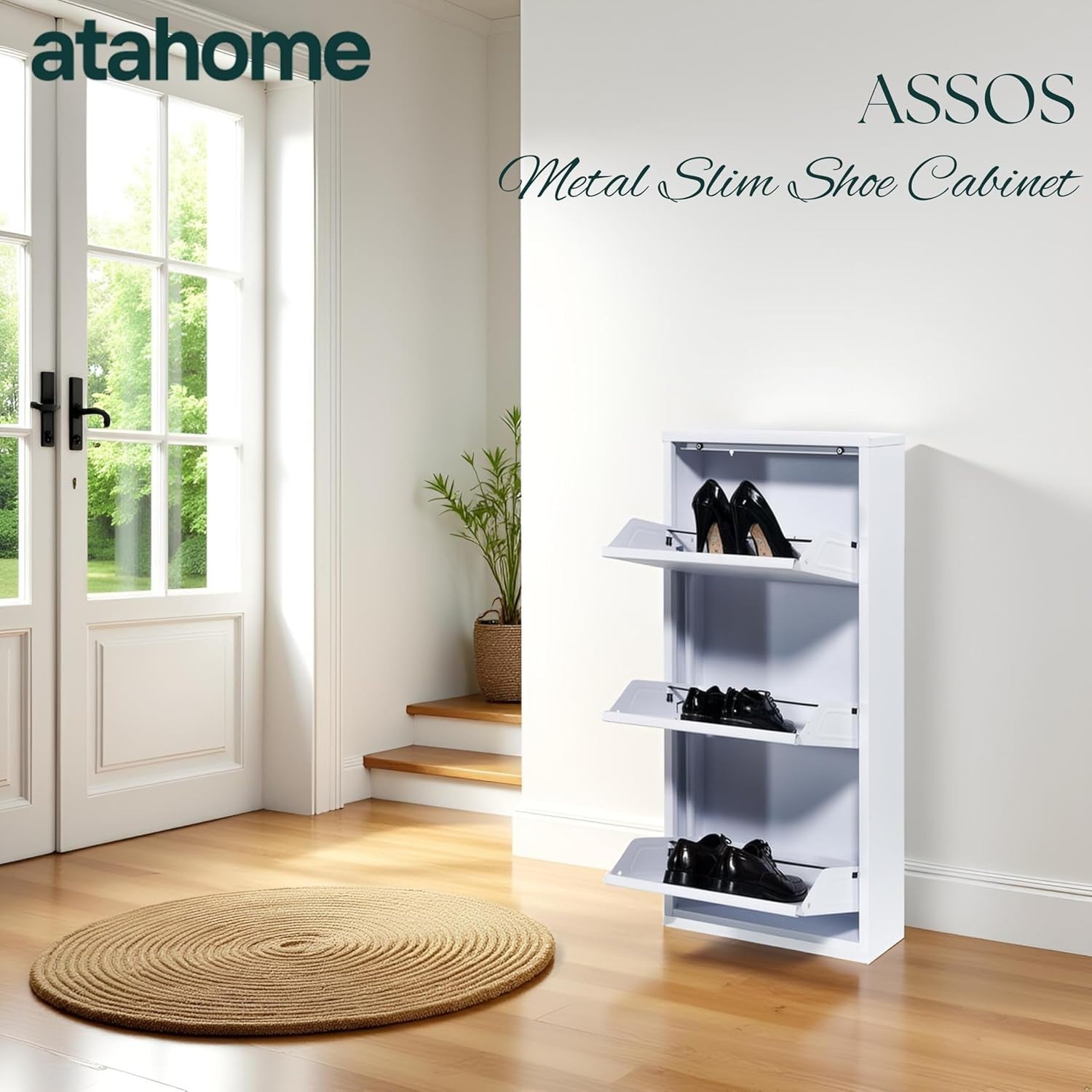Slim Wall Mounted Shoe Cabinet 3 Drawer Metal Organizer White 104cm
