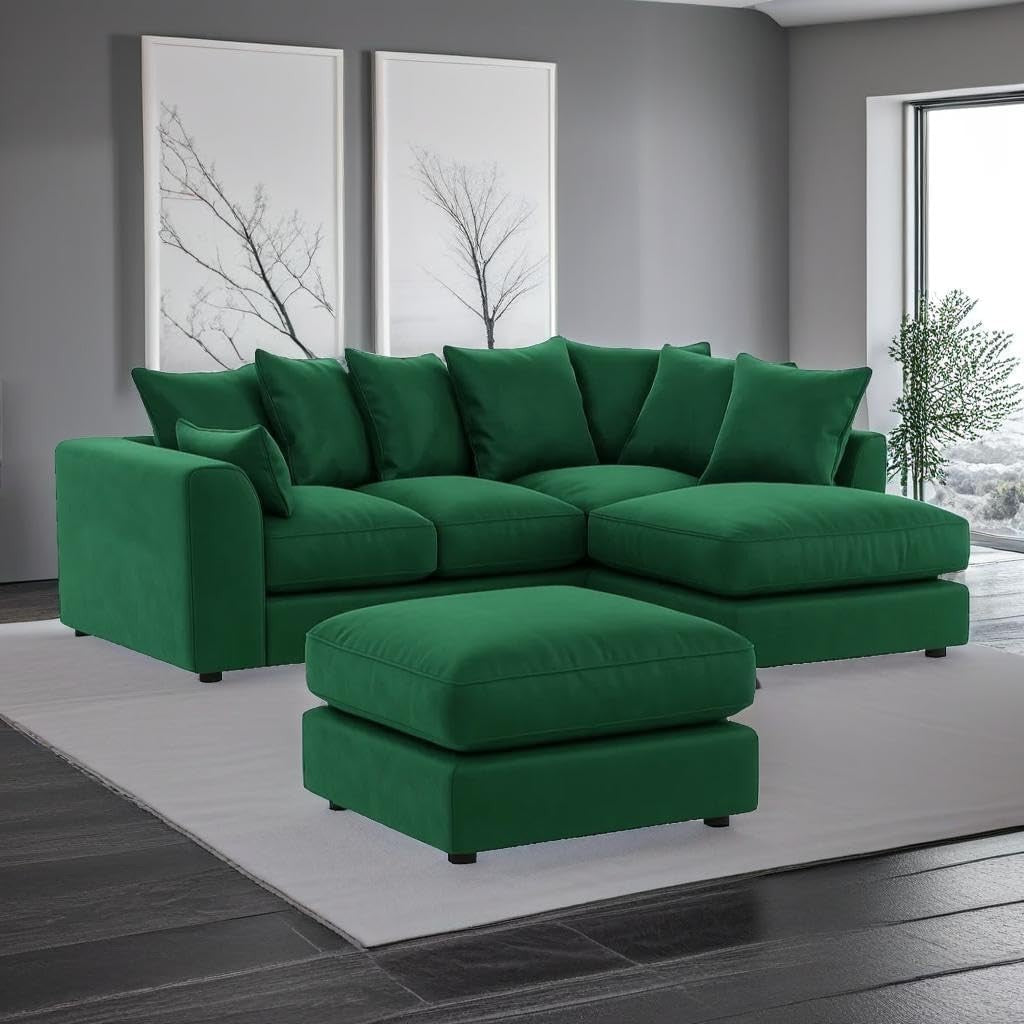 Green Velvet 4 Seater L Shape Corner Sofa with Footstool – Memory Foam Comfort