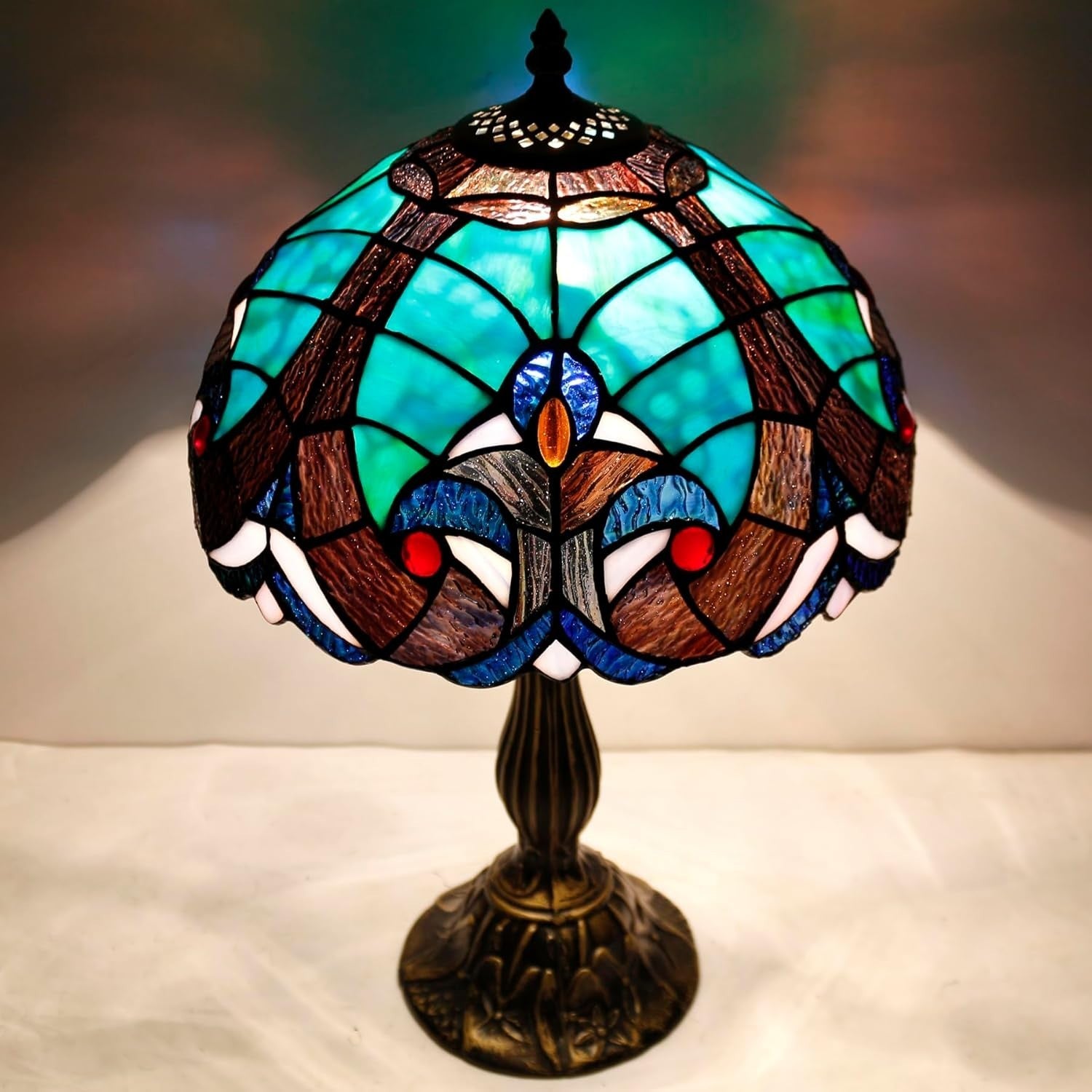 Tiffany Table Lamp 12x12x18in Stained Glass Bronze Base Bedside Decor