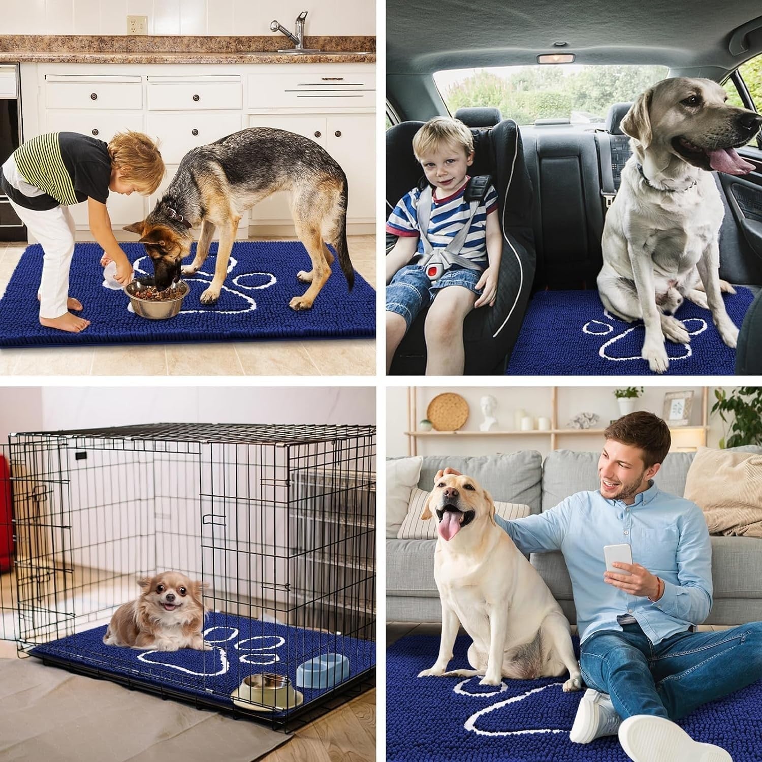 Dog Door Mat Super Absorbent Non Slip Chenille Blue Entrance Rug 76x121cm