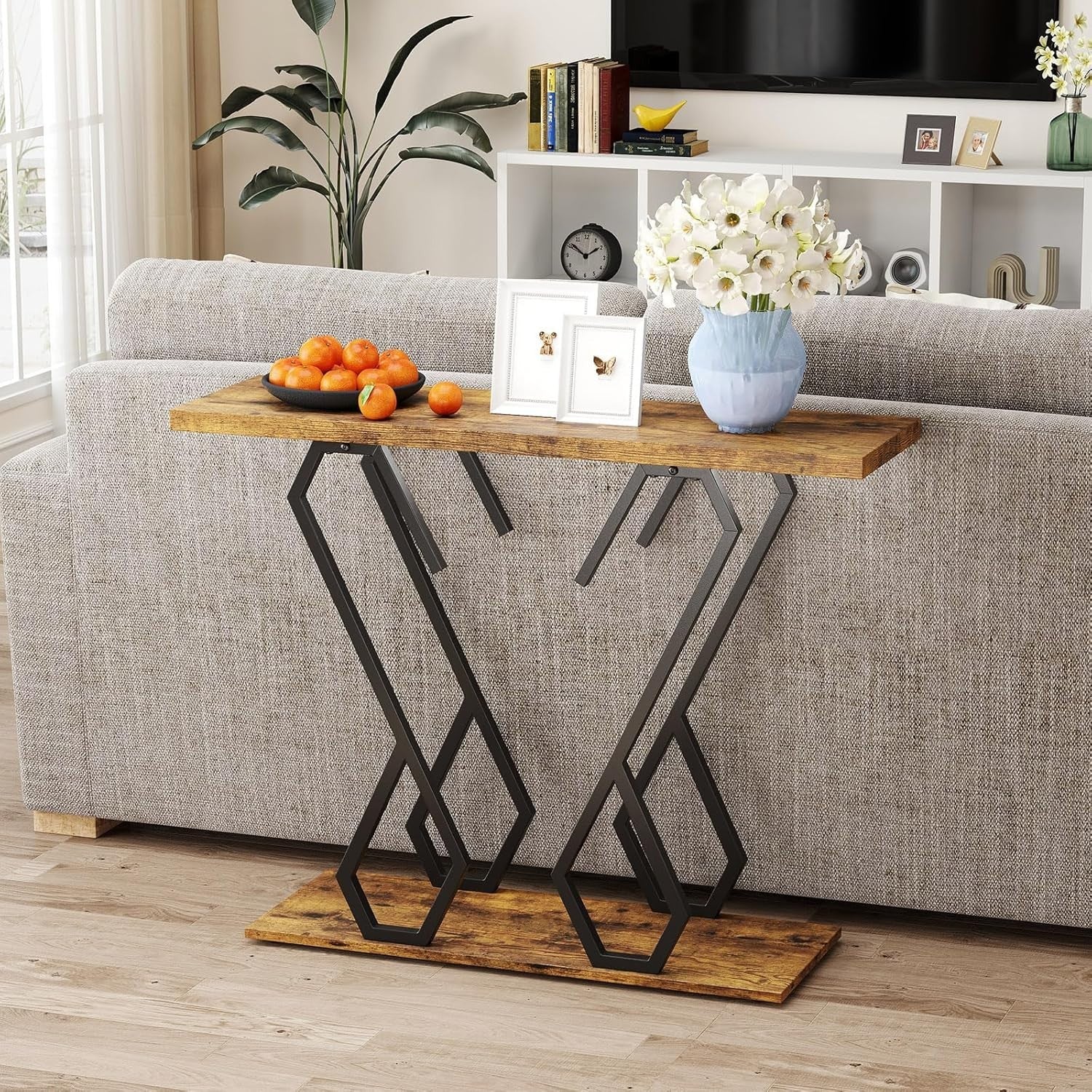 Slim Rustic Console Table Narrow Hallway Desk 100cm Metal Frame Modern