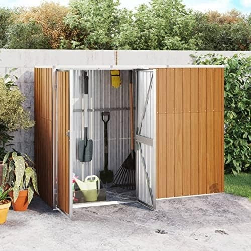Outdoor Metal Garden Shed with Sloped Roof & Handle Brown 225x89x161cm Storage