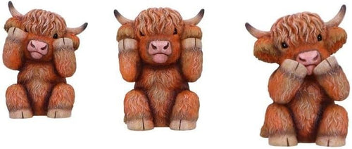 Three Wise Highland Cow Figurines Resin Ornament Set Brown 9.6cm Cute Gift Decor