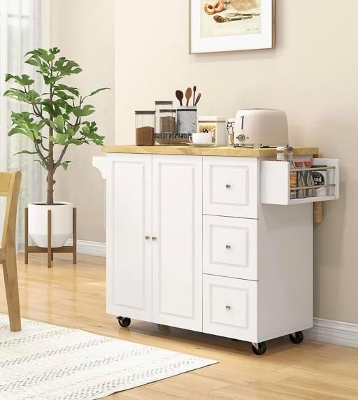 Kitchen Island Trolley with Drop Leaf & Drawer White 111.5x45-75x89cm