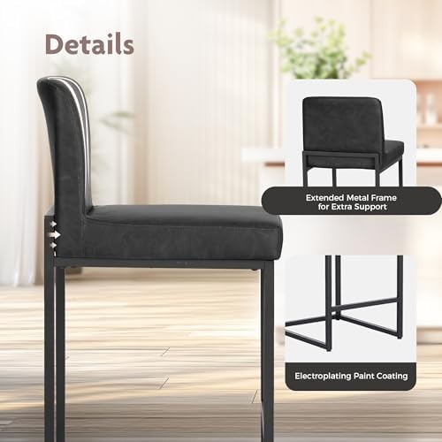 Kitchen Bar Stools Set of 2 Black Faux Leather Counter Chairs 60cm