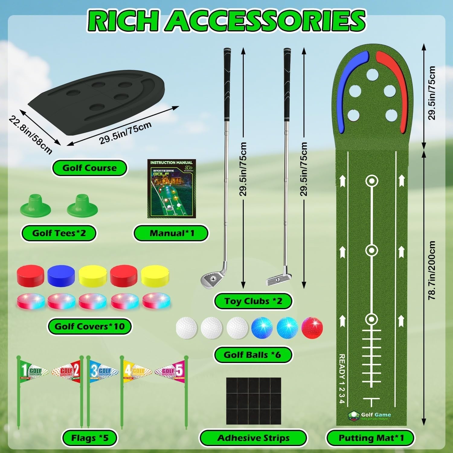 Kids Indoor Golf Putting Mat Game Set LED Balls Portable Practice Green