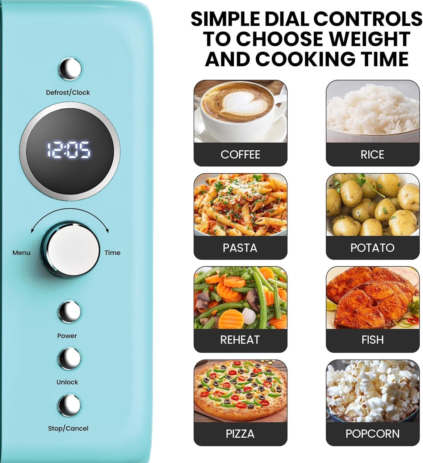 700W Retro Microwave 20L Blue LED Digital Mini Oven 8 Modes Glass Plate