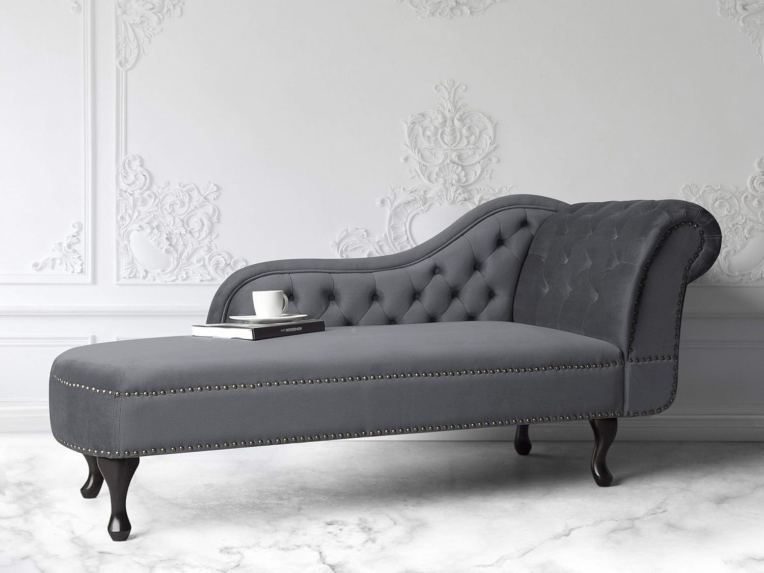 Right Hand Velvet Chesterfield Chaise Lounge Grey Tufted Sofa for Living Room