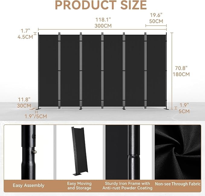6-Panel 6FT Folding Room Divider Black Privacy Screen Partition Wall Office