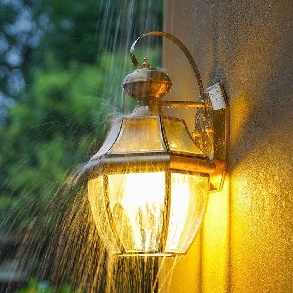 Vintage Brass Outdoor Wall Lantern Copper Glass Sconce IP65 Garden