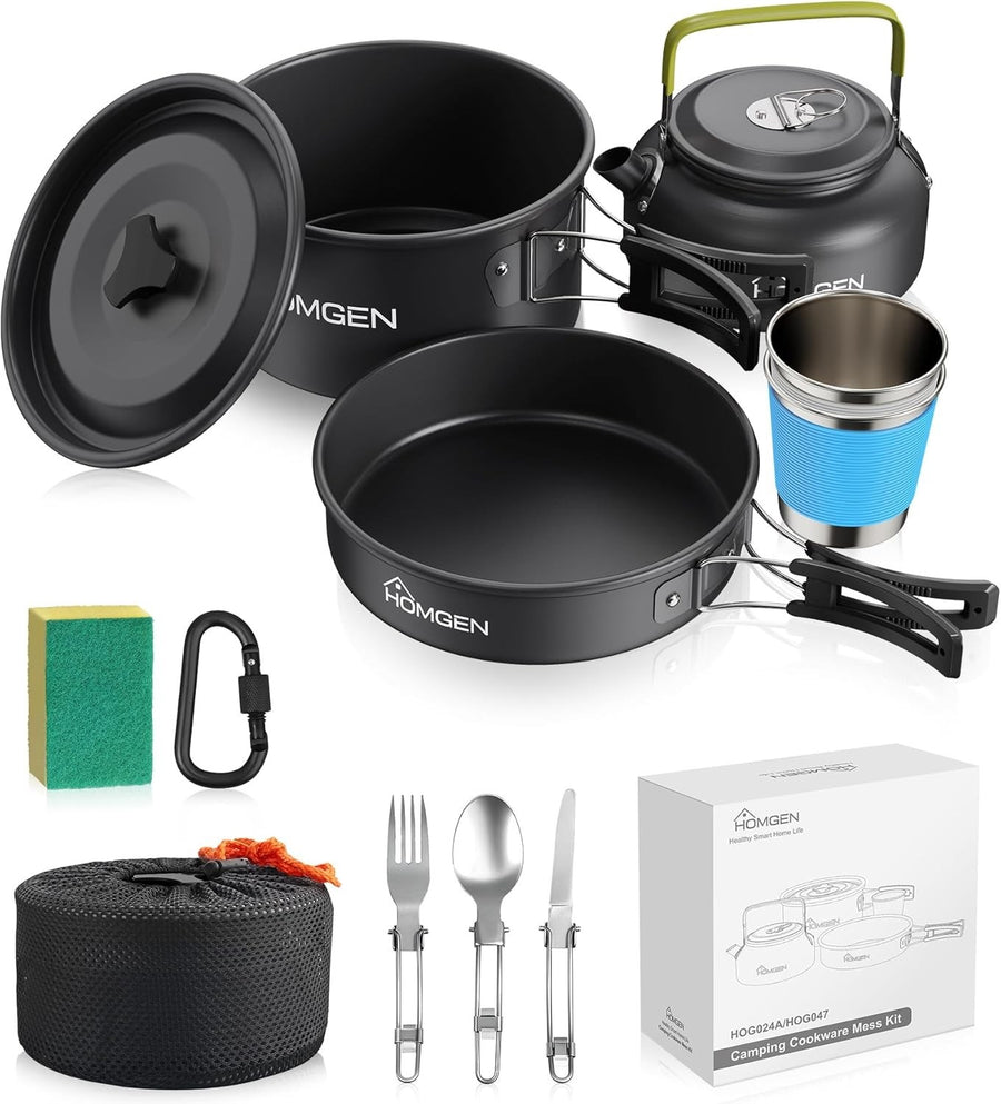 Black Camping Cookware Set with Pot Frying Pan, Kettle & Utensils for 2–3 People