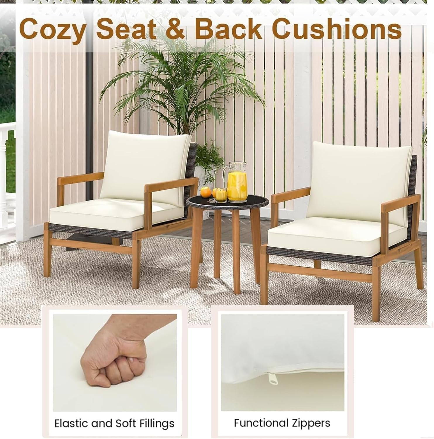 Luxury Acacia Garden Armchair Set with Cushions & Glass Table Patio Balcony