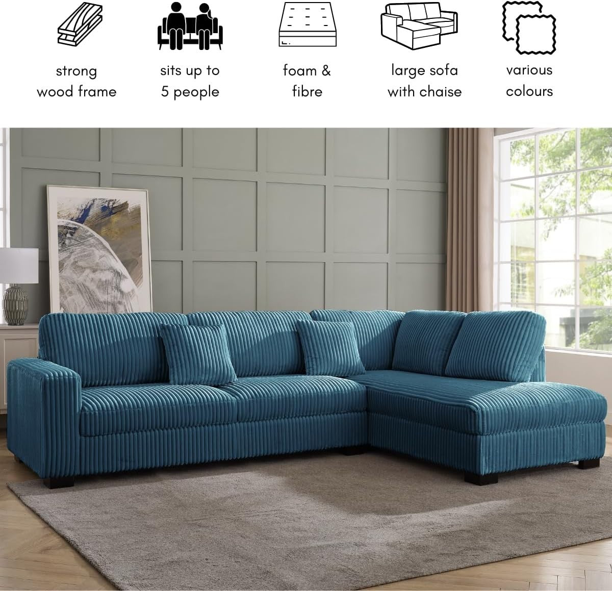 L-Shape Large Corner Sofa 5 Seater Blue Teddy Jumbo Cord Right Hand Facing