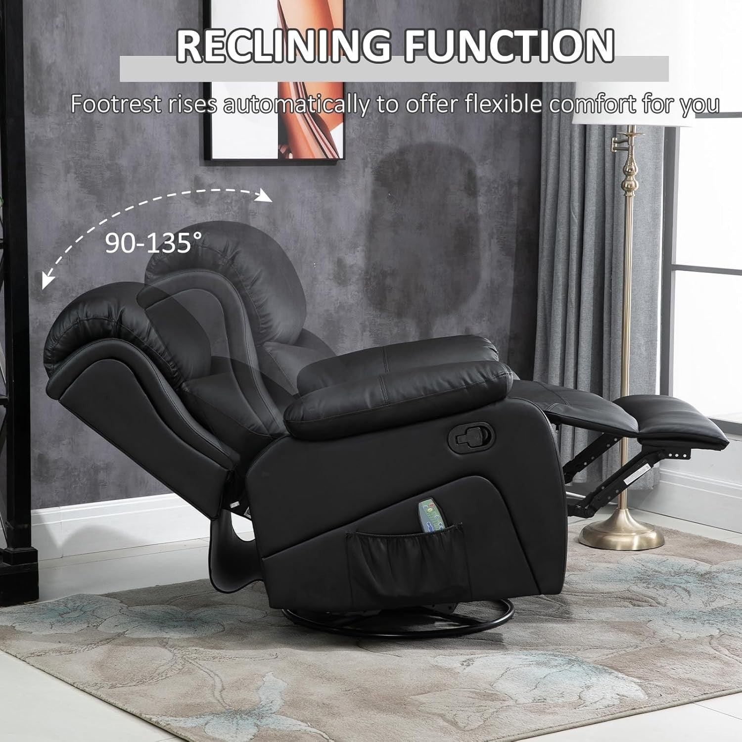 Massage Recliner Chair Heat 8-Point Swivel Rocking PU Leather Footrest Black