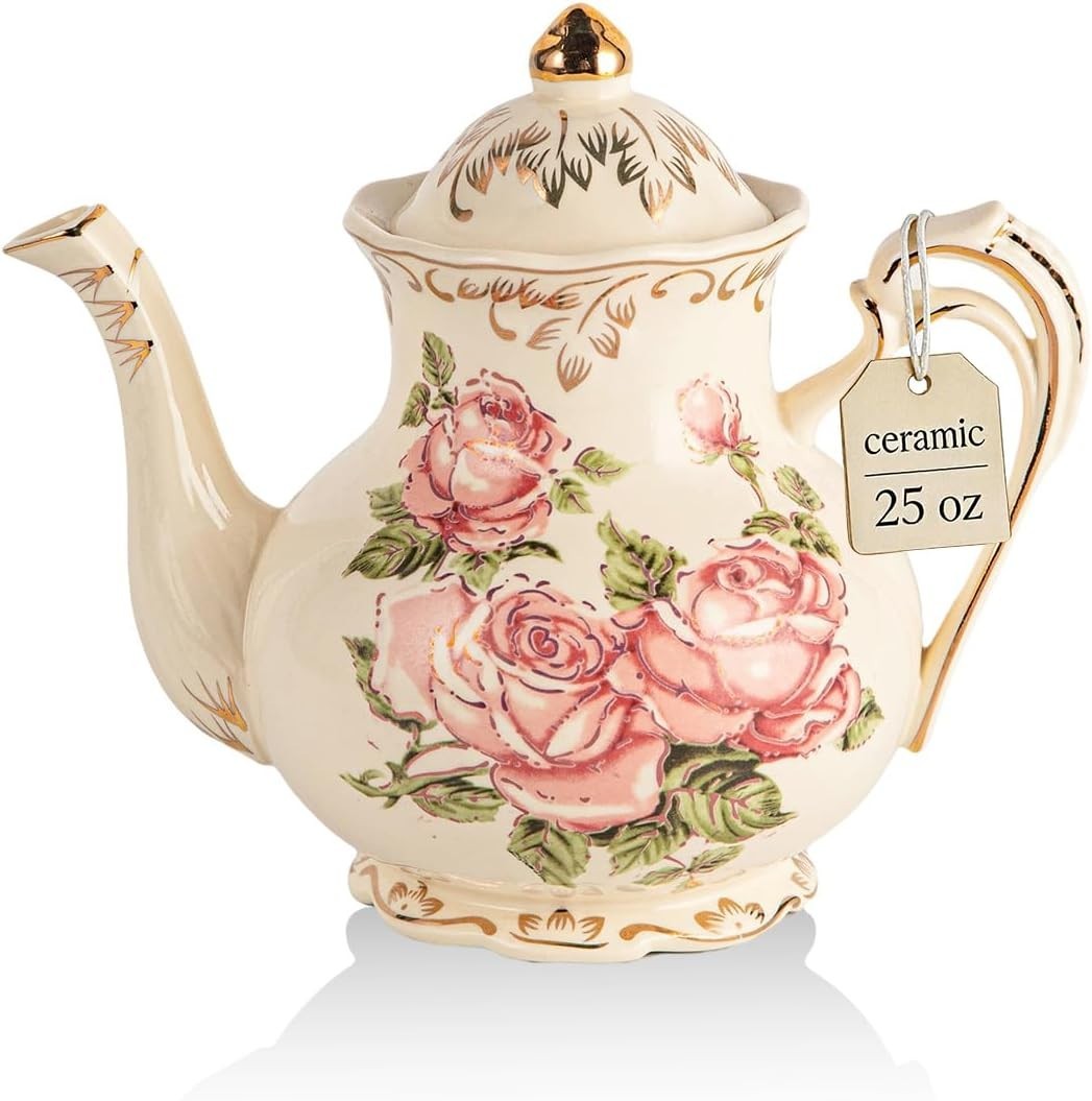 700ml Pink Rose Porcelain Teapot Vintage Floral Gold Trim Tea Pot