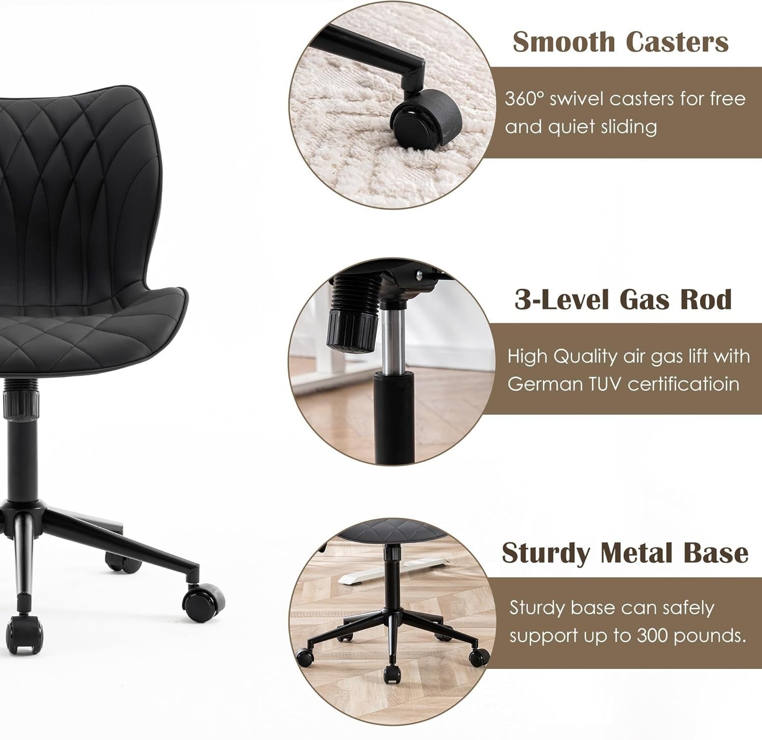 Ergonomic Armless Home Office Desk Chair Swivel Rocking Vanity Faux Leather Max