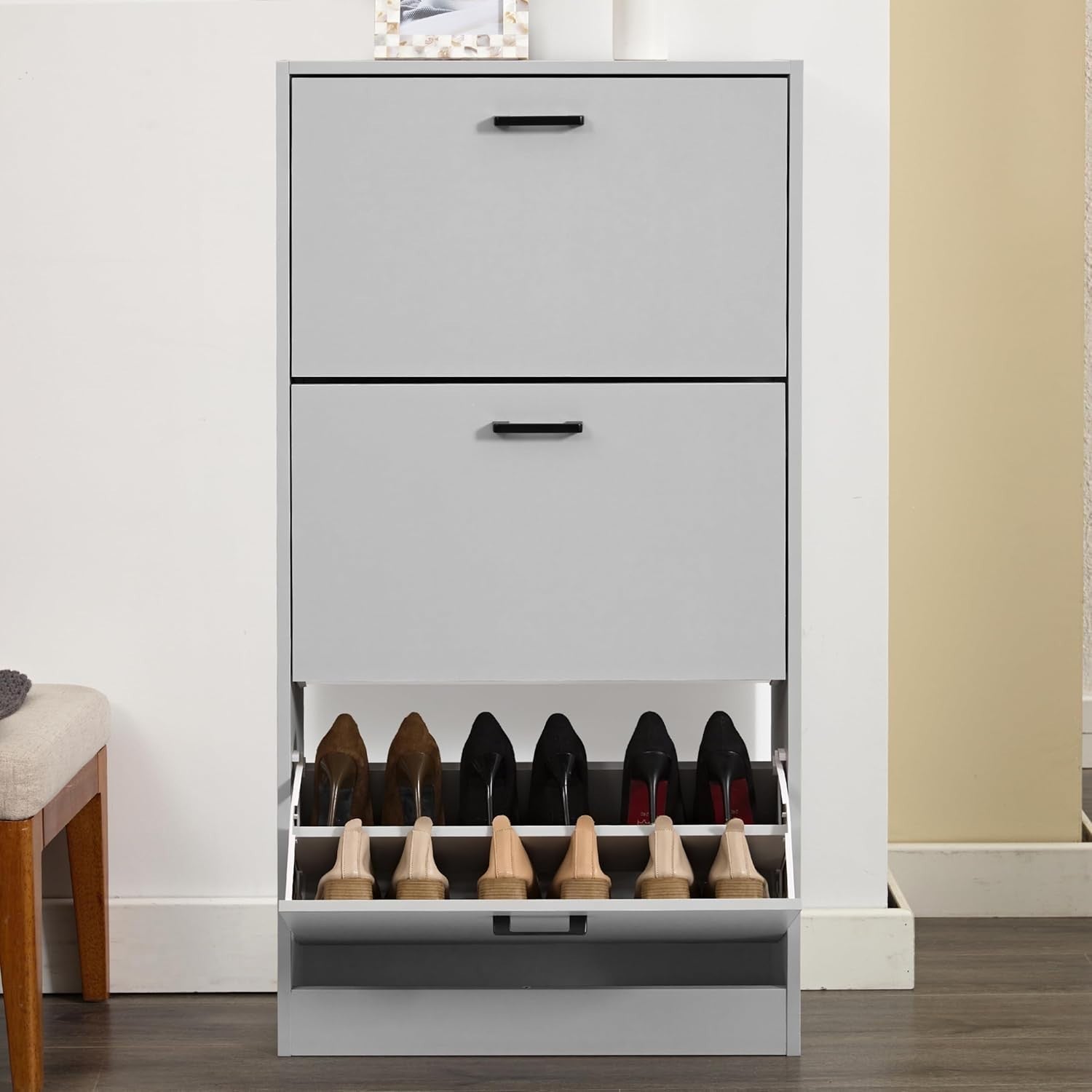 3 Tier Shoe Storage Cabinet Light Grey Slim Drawer Unit Hallway Organiser